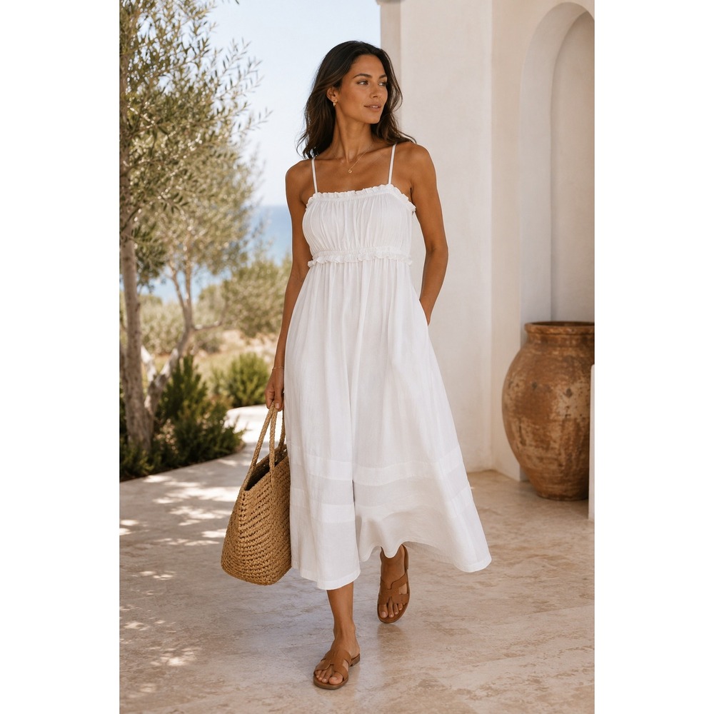 NWT J.Crew White Cotton Midi Dress 12 Empire Waist Ruffle Pockets Lined